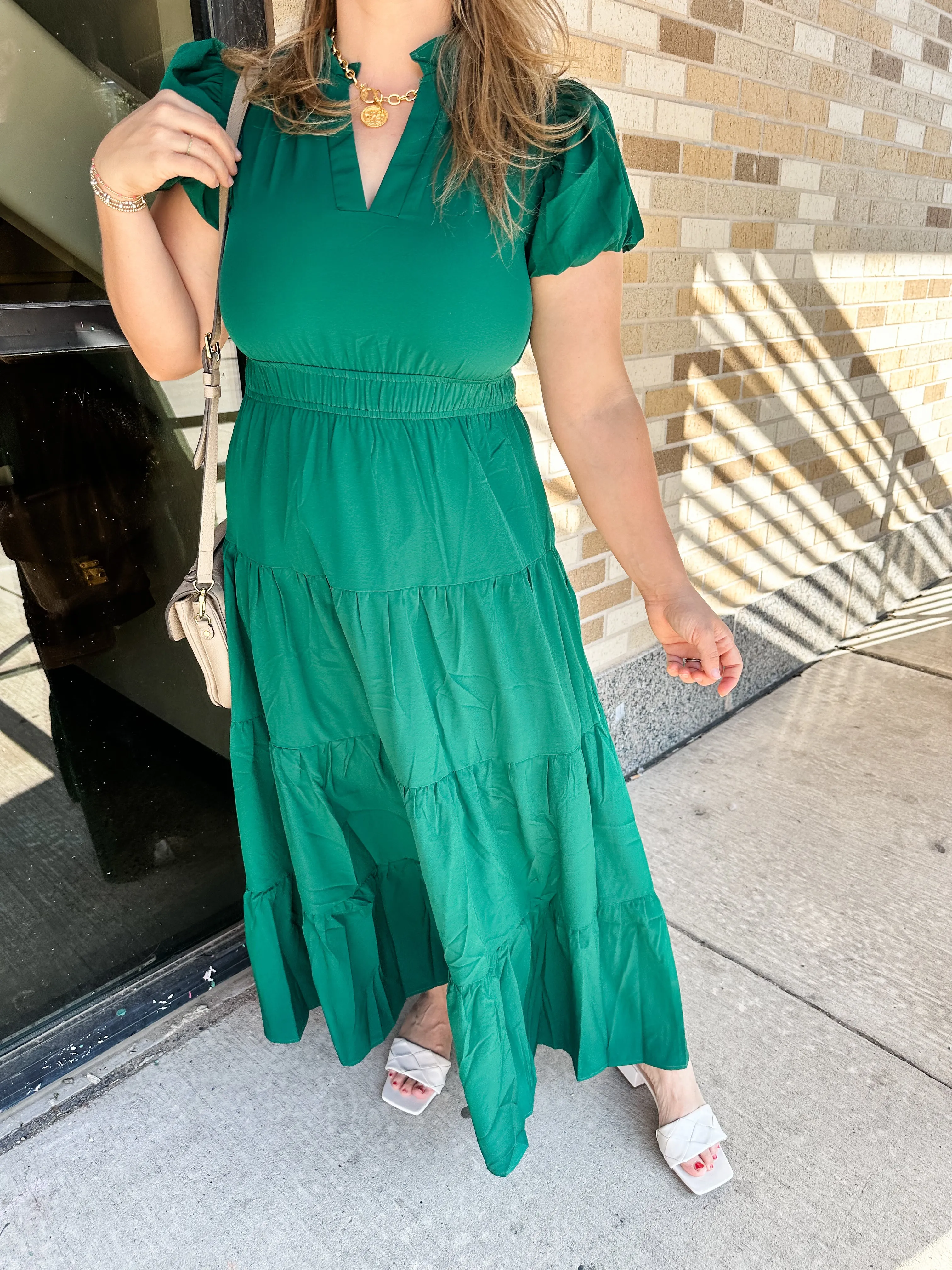 Solid Bubble Sleeve V-Neck Midi Dress- Hunter Green