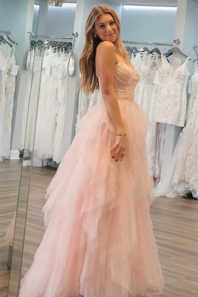 Strapless Light Pink Sequin Beaded Tulle Stunning Prom Dress PSK476