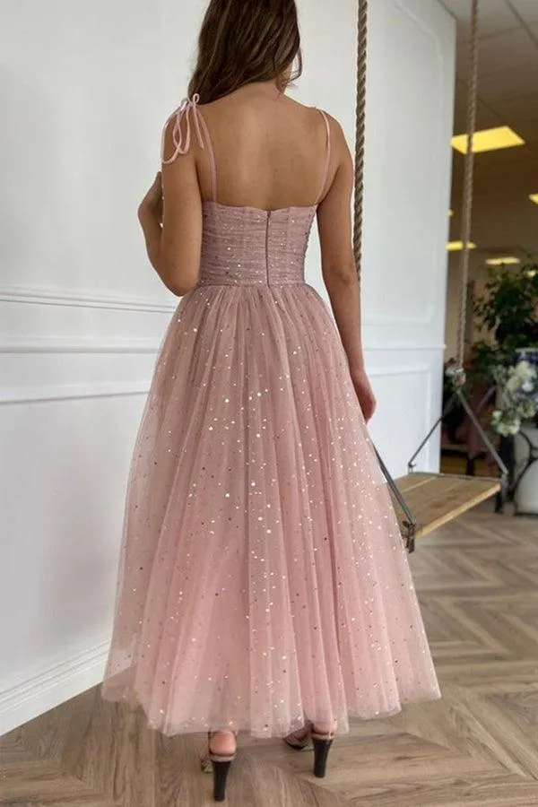 Straps Tea Length Pink Prom Dresses Tulle Homecoming Dresses PD453