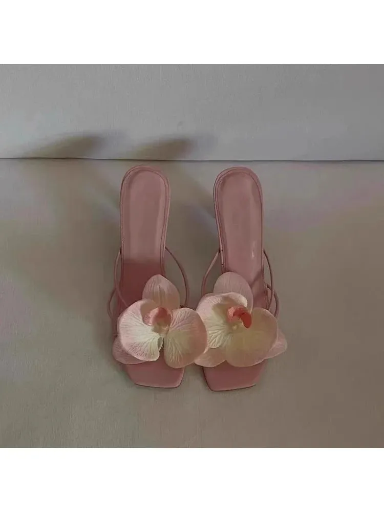 TAVIMART  -  Pink Red Green Orchid Flowers Decor Outside Women Hight Heels Slippers Summer 2024 Thin Heels Ladies Flipflops