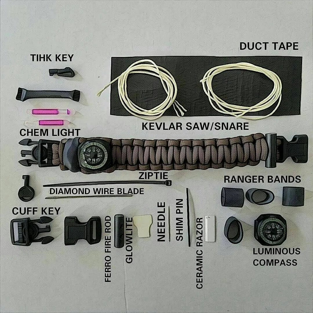 The Escape Evade Pathfinder: Military & Tactical Strap w/ SERE kit, Compass, Kevlar Saw, Cuff Key.