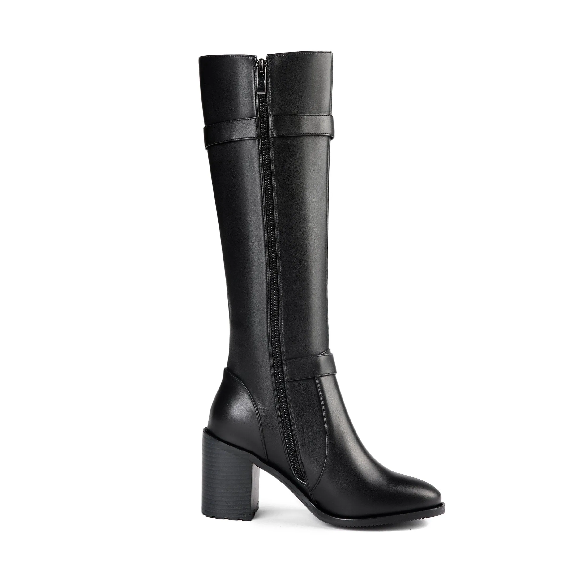 Tinacus Genuine Leather Round Toe Chunky High Heel Comfortable Knee High Boots