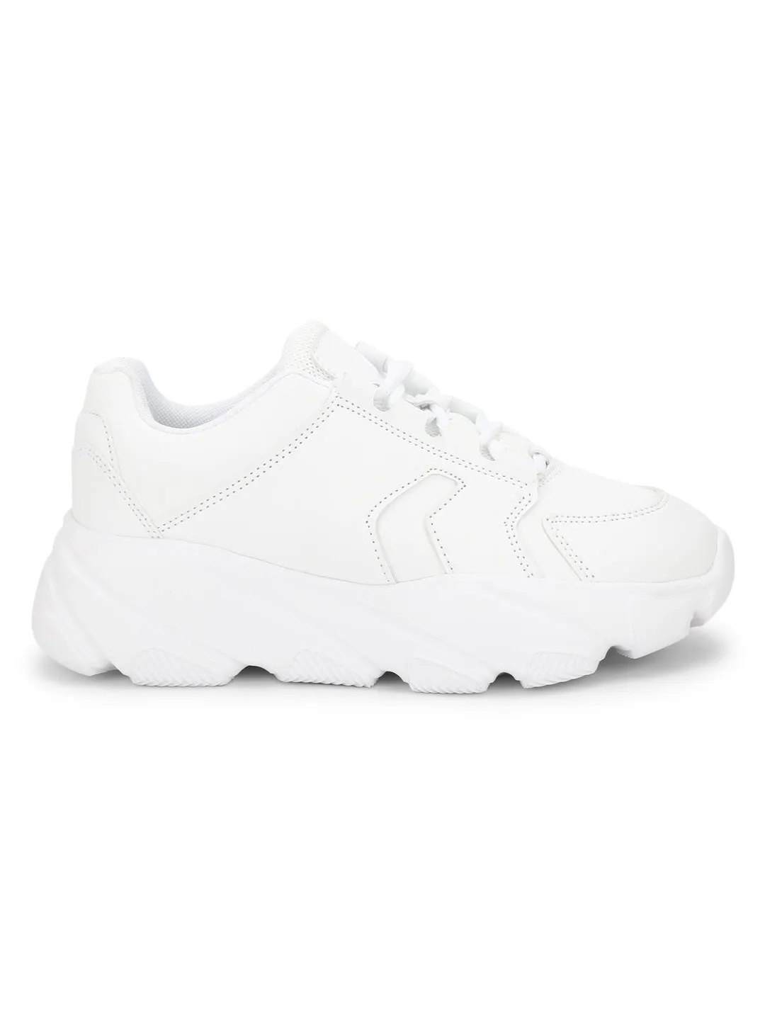 Total White Cleated Bottom Lace-Up Chunky Sneakers