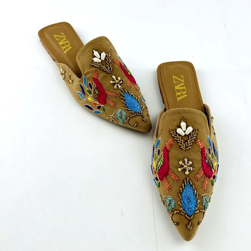 Traditional Embroidered Zari Work Mules Velvet Women’s Pump Shoes