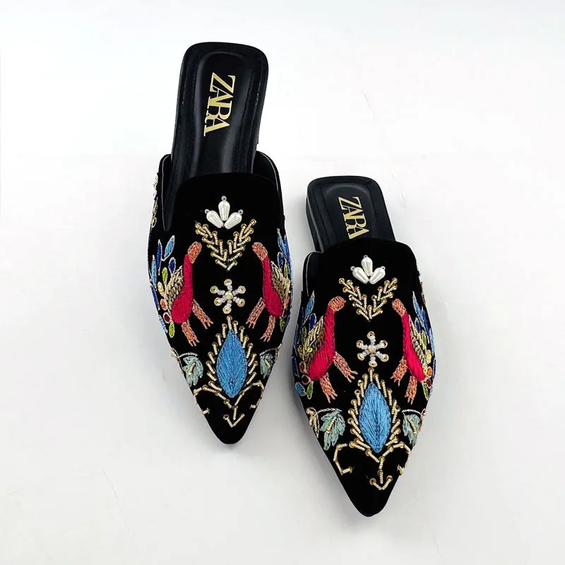 Traditional Embroidered Zari Work Mules Velvet Women’s Pump Shoes