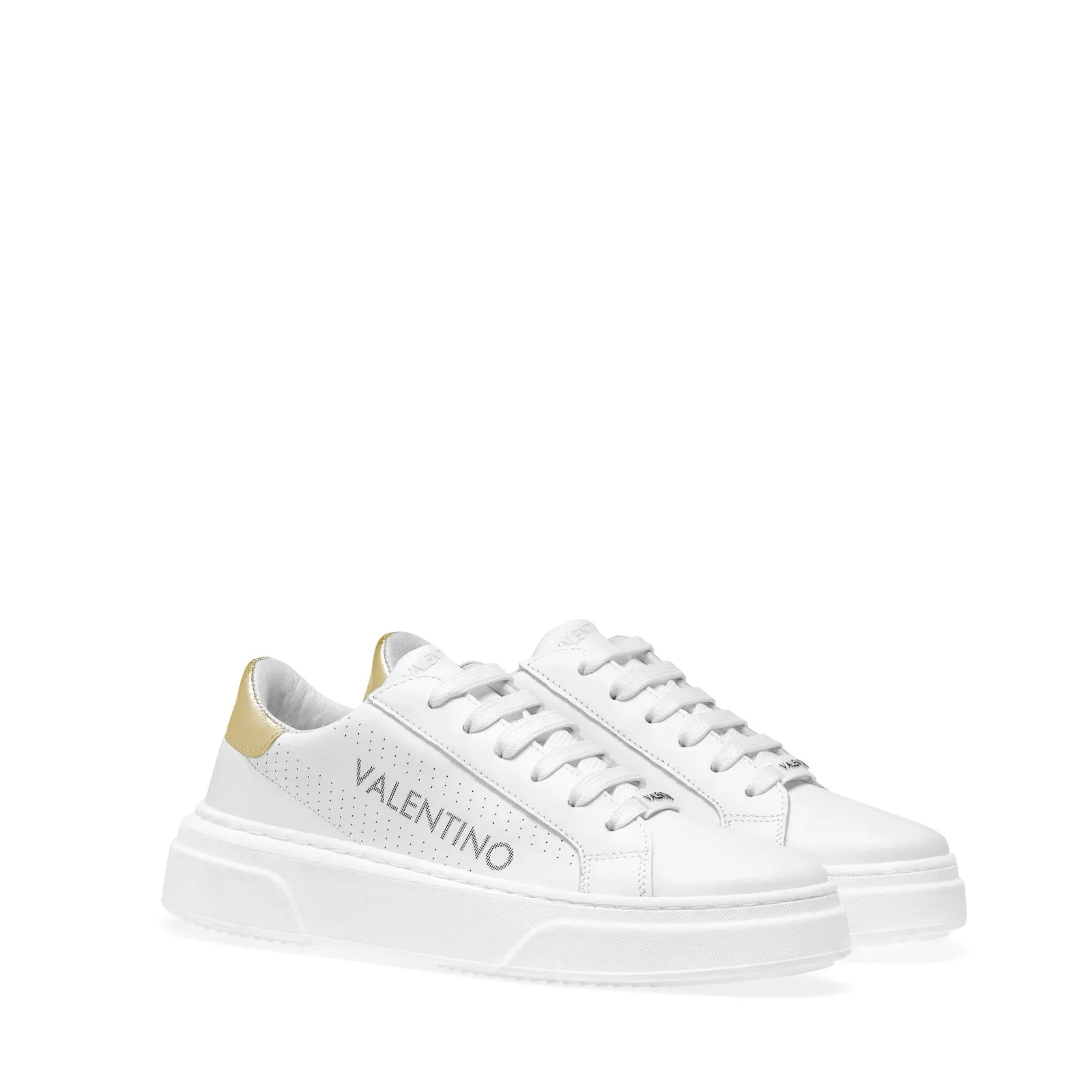 VALENTINO Lace Up Sneaker in white hide and golden inlay