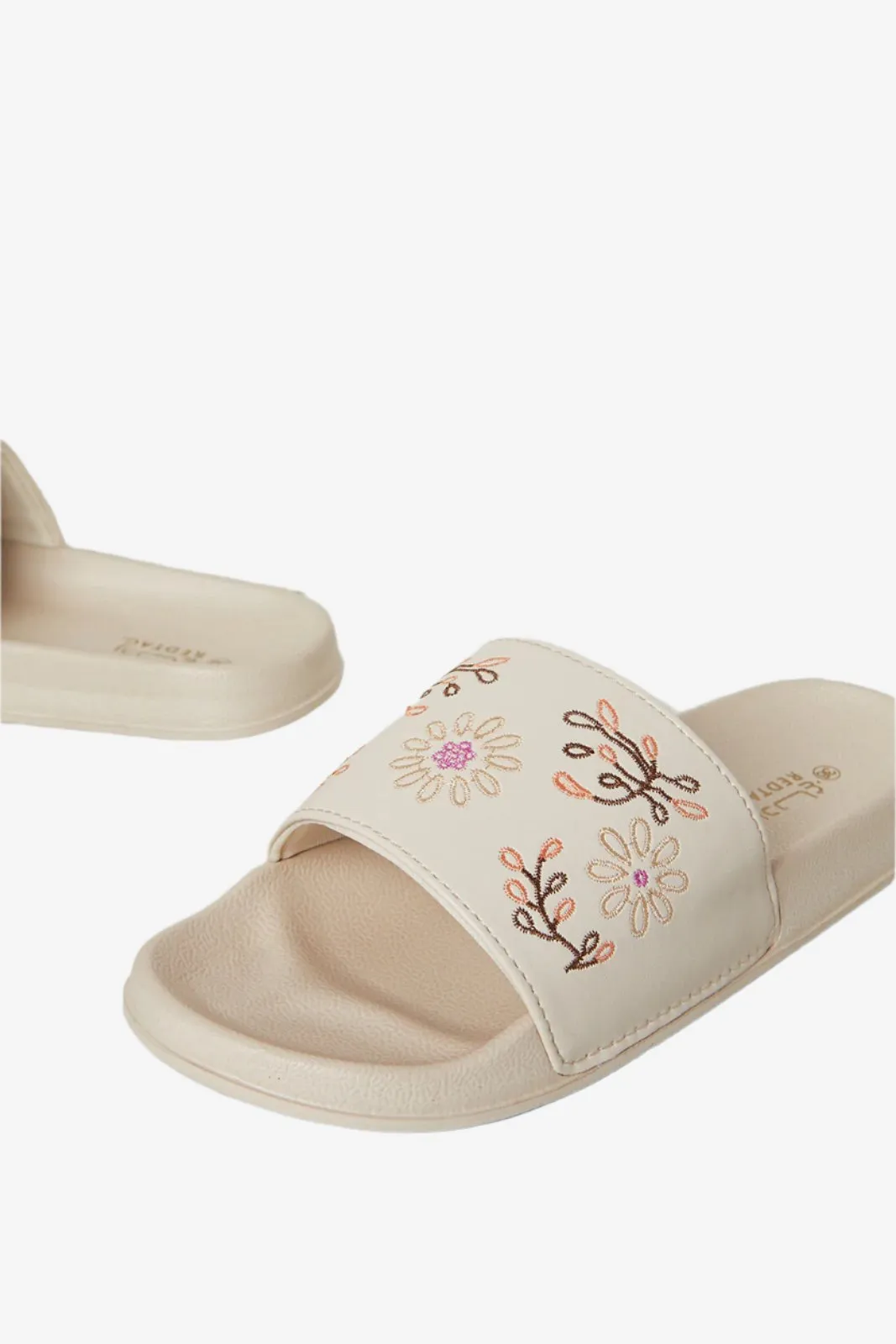 Women Beige Embroidered Slide