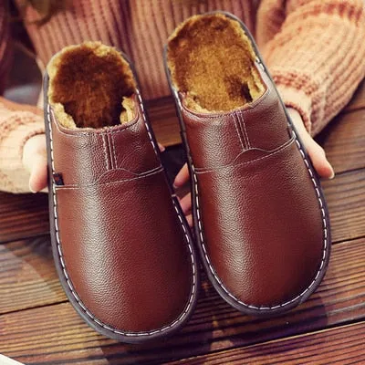 Yeknu Leather Home Slippers for Men Winter Warm Plush Slippers Bedroom Genuine Leather Unisex Men/women House Indoor Shoes