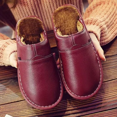 Yeknu Leather Home Slippers for Men Winter Warm Plush Slippers Bedroom Genuine Leather Unisex Men/women House Indoor Shoes