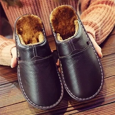 Yeknu Leather Home Slippers for Men Winter Warm Plush Slippers Bedroom Genuine Leather Unisex Men/women House Indoor Shoes